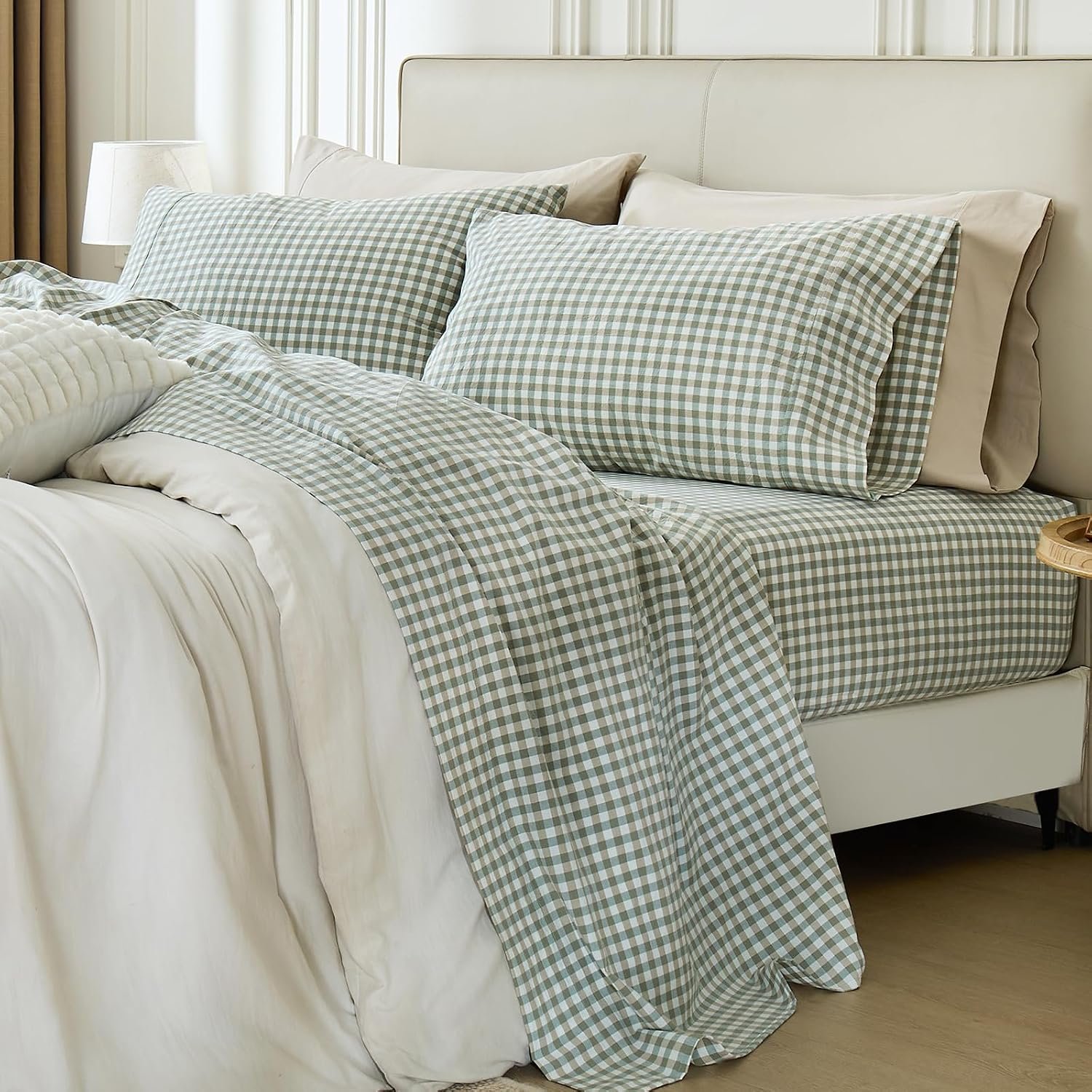 81hX8fsYBjL._AC_SL1500_.jpg Washed Cotton Checkered Sheet Set with Storage Bag - Image 1